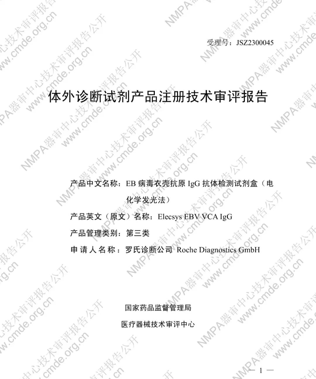 羅氏兩款三類IVD新品審評報告公開(圖4) 羅氏EB病毒衣殼抗原IgG抗體檢測試劑盒三類IVD新品審評報告公開(圖2)